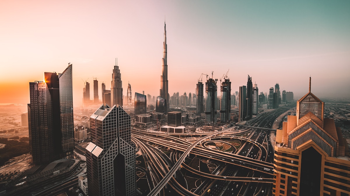 Dubai skyline with blockchain concept overlay